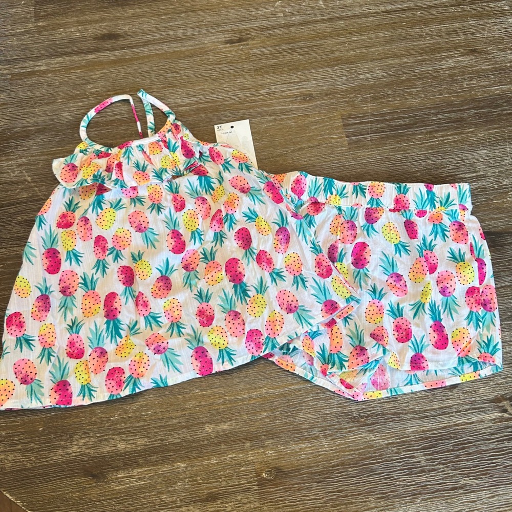 Kohl's Pineapple Tank and Shorts Set Girls 3T White Ruffle Summer Outfit Cotton